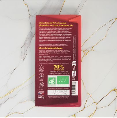 Chocolat aphrodisiaque Chauffe moi ! Noir 70% - Gingembre et amandes